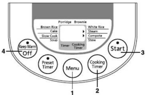Brown Rice Cake Slow Cook Soup Porridge Brownie White Rice Steam Compute Stew Timer Cooking Timer Keep Warm Off Preset Timer Menu Cooking Timer Start 1 2 3 4