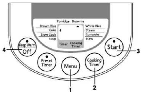 Brown Rice Cake Slow Cook Soup Porridge Brownie White Rice Steam Compute Stew Timer Cooking Timer Keep Warm Off Start Preset Timer Menu Cooking Timer 1 2 3 4