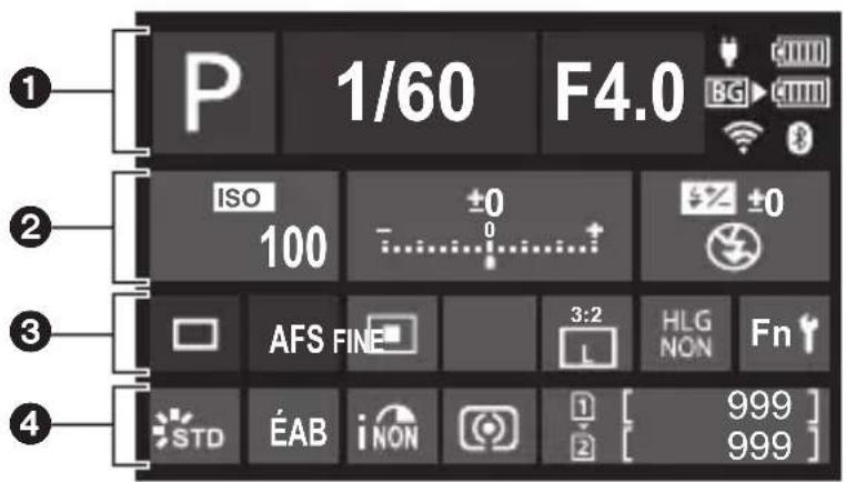 1 P 1/60 F4.0 BG ISO ±0 100 0 ±2 ±0 AFS FIN 3:2 HLG Fn STD ÉAB iNON 1 [ 999 ] iNON 2 [ 999 ]