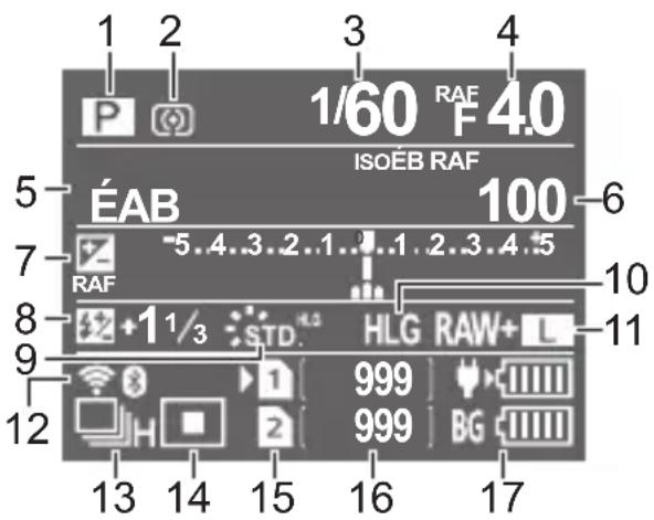 1 2 3 4 1/60 RAF 4.0 ISOÉB RAF 5- ÉAB 100 7- RAF 8- +1 1/3 STD. HLG RAW+ 9- 12 13 14 15 16 17