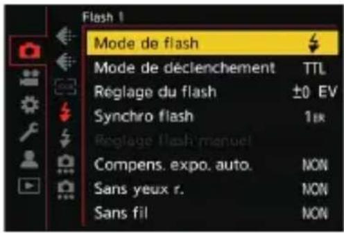 Flash 1 Mode de flash Mode de déclenchement TTL Réglage du flash ±0 EV Synchro flash 1k Réglage flash manuel Compens. expo. auto. NON Sans yeux r. NON Sans fil NON