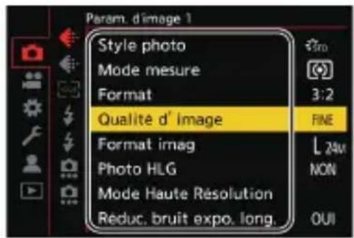Param. d'image 1 Style photo Mode mesure Format 3:2 Qualité d'Image FINE Format imag L 24M Photo HLG NON Mode Haute Résolution Reduc. bruit expo. long. OUI