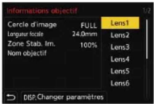 Informations objectif Cercle d'image FULL Lens1 Longueur focale 24.0mm Lens2 Zone Stab. Im. 100% Lens3 Nom objectif Lens4 Lens5 Lens6 DISP.Changer paramètres