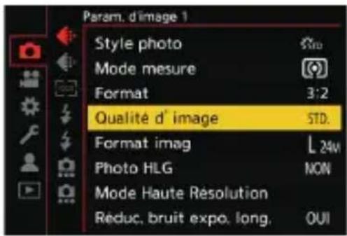 Param. d'image 1 Style photo Mode mesure Format 3:2 Qualité d° image STD. Format imag L 24W Photo HLG NON Mode Haute Résolution Reduc, bruit expo, long. QUI