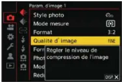 Param. d'image 1 Style photo Mode mesure Format 3:2 Qualité d' image FINE Form Régler le niveau de Phot compression de l'image Mod Redo DISP
