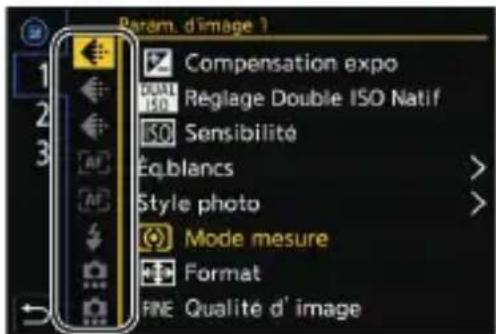 Param. d'image 1 Compensation expo Réglage Double ISO Natif Sensibilité Éq.blancs Style photo Mode mesure Format FINE Qualité d' image