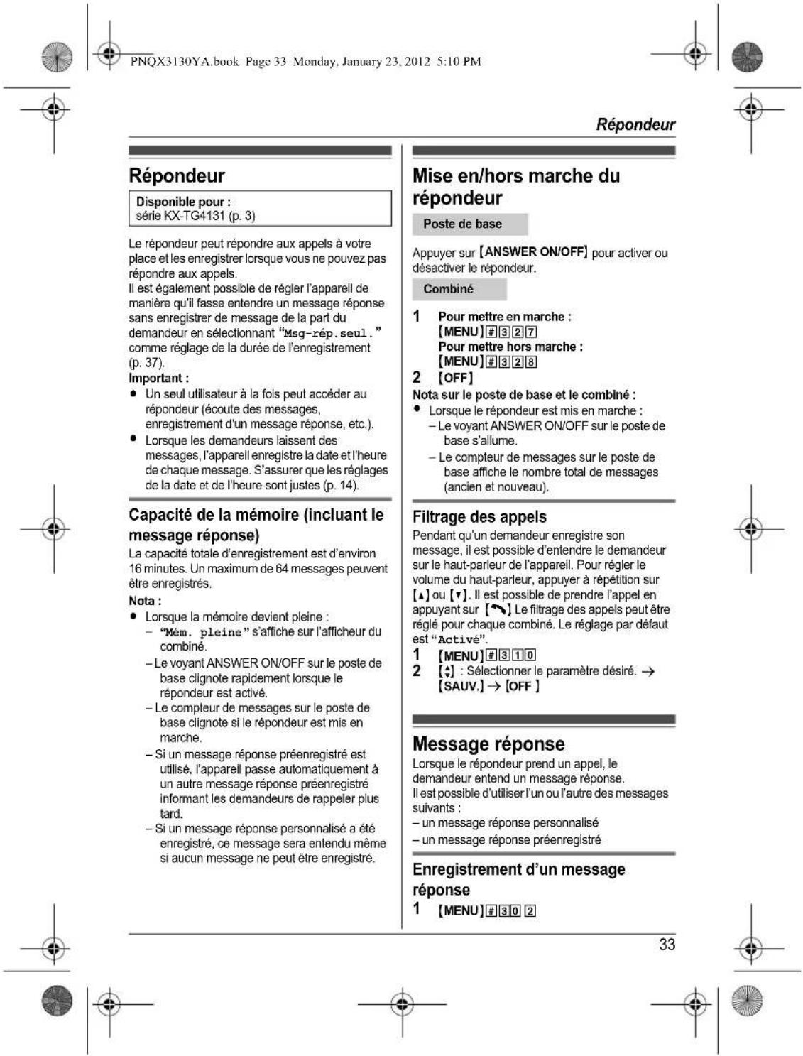 PANASONIC KX-TG4112 - Avant d'utiliser l'appareil pour la première fois, consultez "Préparatifs" à la p. 10. - 37