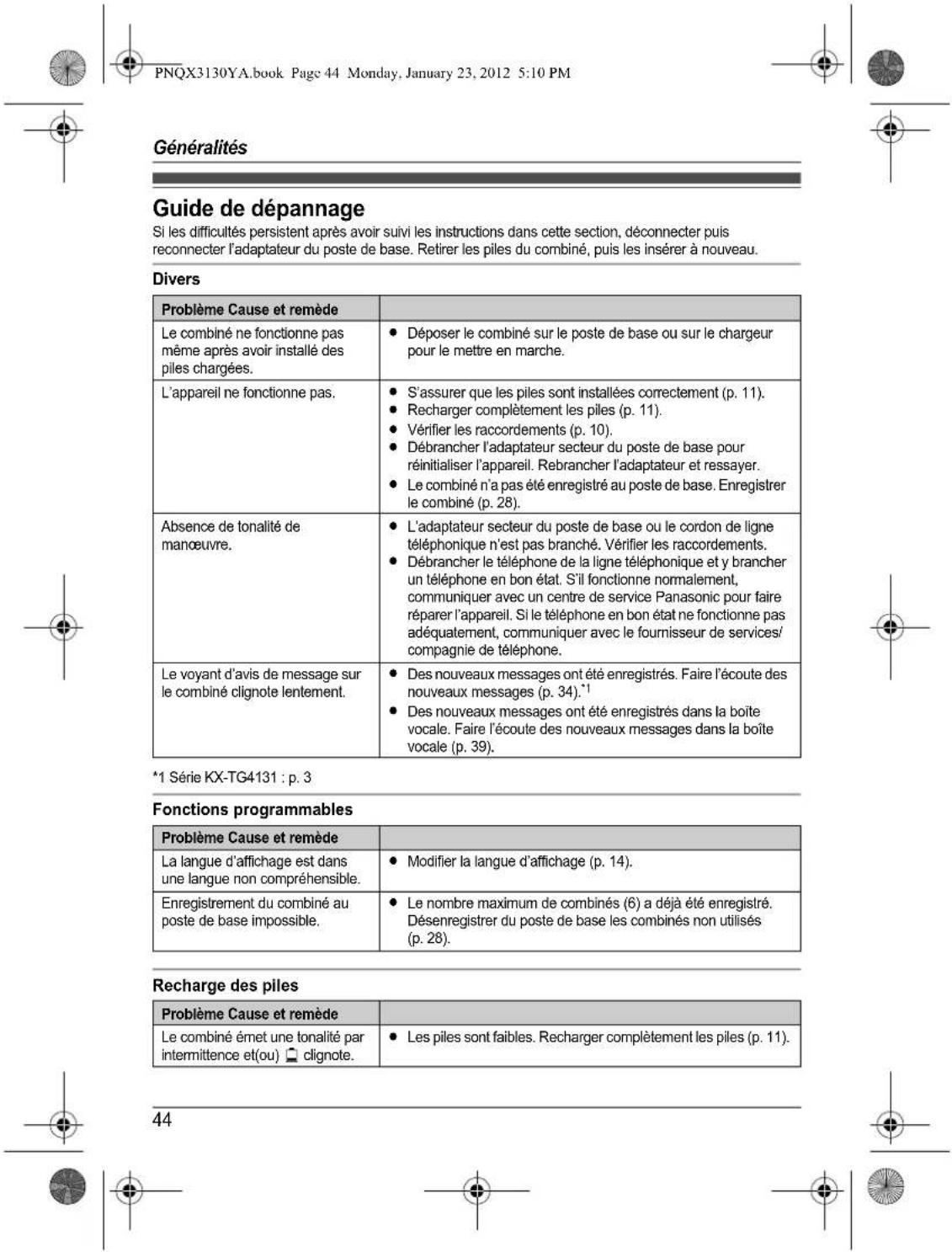 PANASONIC KX-TG4112 - Avant d'utiliser l'appareil pour la première fois, consultez "Préparatifs" à la p. 10. - 48