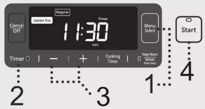 Cancel Off Jasmine Rice Regular Timer 1:30 min Menu Select Start Timer 0 | - | + | Cooking Timer | 0 Keep Warm Reheat Press Test 2 3 1 4