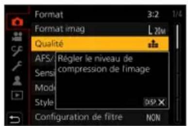 Format 3:2 1/4 Format imag L 20m Qualité AFS/ Regler le niveau de Sense compression de l'image Mode Style DSP Configuration de filtre NON