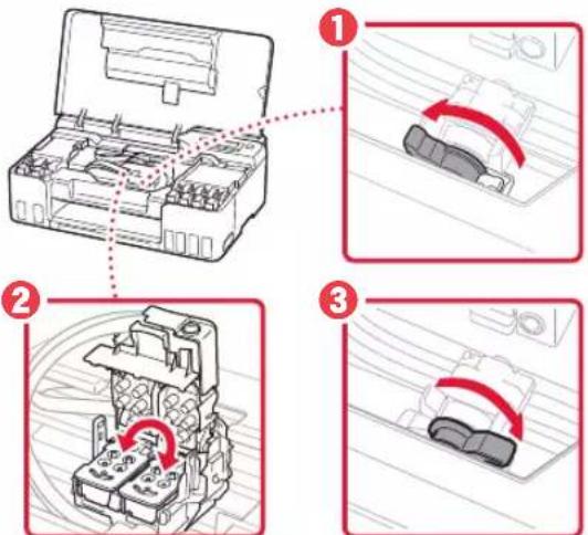 Diagram showing three steps of a mechanical assembly with numbered instructions and red arrows indicating motion or movement.