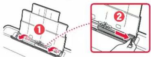 Diagram showing two steps of a printer or printer device with red arrows indicating motion, labeled ① and ②.