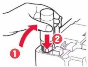Diagram showing a hand holding a mechanical component with red arrows labeled ① and ② indicating direction or force.