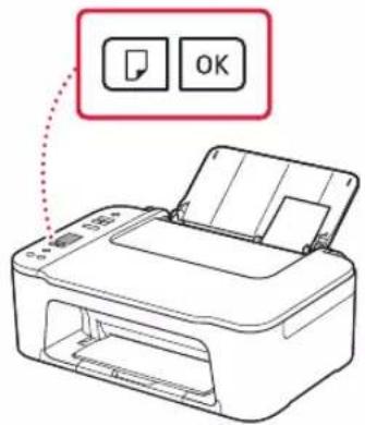 Diagram of a printer with two buttons labeled 'OK' and a document icon, showing a paper airplane sketch.