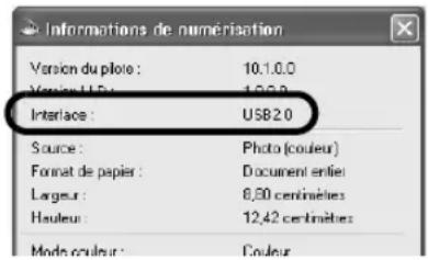Informations de numérisation Version du pilote : 10.1.0.0 Version L.P.: 1.0.0.0 Interlace : USB2.0 Source : Photo (coulou) Format de papier : Document entier Largeur : 8,60 centimées Hauleur : 12,42 centimées Mode couleur : Coulou