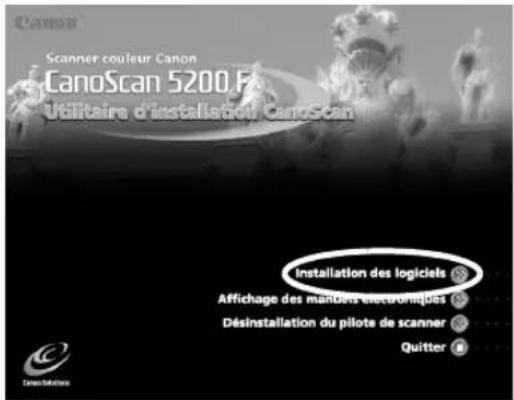 Scanner couleur Canon CanoScan 5200 F Utilitaire d'installation CanoScan Installation des logiciels Affichage des mandens électroniques Désinstallation du pilote de scanner Quitter