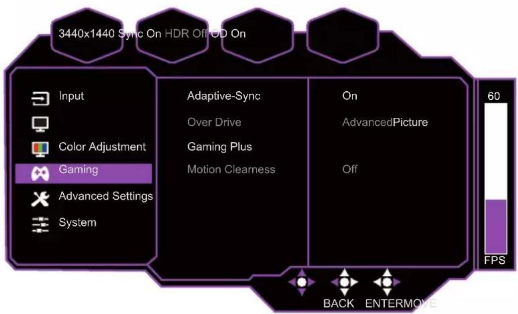 3440x1440 Sync On HDR Off CD On Input Color Adjustment Gaming Advanced Settings System Adaptive-Sync Over Drive Gaming Plus Motion Clearness On AdvancedPicture Off 60 FPS BACK ENTERMOVE