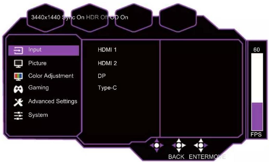 3440x1440 Sync On HDR Off OD On Input Picture Color Adjustment Gaming Advanced Settings System HDMI 1 HDMI 2 DP Type-C 60 FPS BACK ENTERMOVE