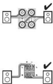 Diagram showing two electrical or mechanical setups with speaker and motor connections, marked with checkmarks and symbols.