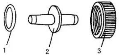 Technical diagram showing three labeled mechanical components: a flange, a cylindrical shaft with a flange end, and a threaded cylindrical head.