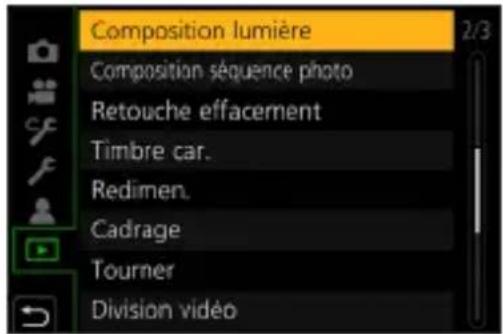 Composition lumière Composition séquence photo Retouche effacement Timbre car. Redimen. Cadrage Tourner Division vidéo
