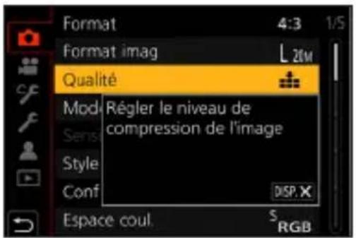 Format 4:3 1/5 Format imag L 20M Qualité Mod Régler le niveau de compression de l'image Sens Style Conf DSP.X Espace coul. S RGB