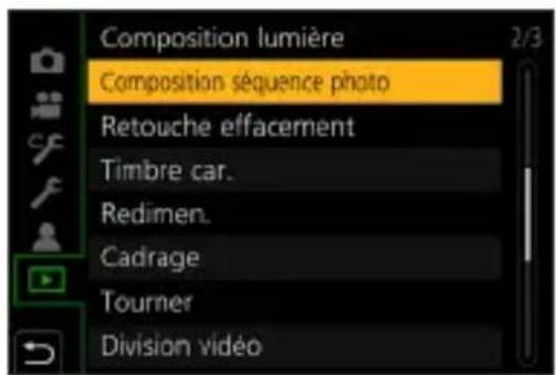 Composition lumière Composition séquence photo Retouche effacement Timbre car. Redimen. Cadrage Tourner Division vidéo