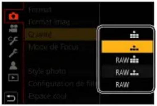 Format Format image Qualité Mode de Focus Style photo Configuration de filte Espace coul RAW RAW RAW