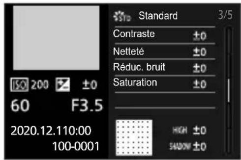Standard Contraste ±0 Netteté ±0 Réduc. bruit ±0 Saturation ±0 60 F3.5 2020.12.110:00 100-0001 HIGH ±0 SLOW ±0 3/5