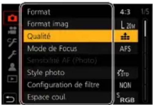 Format Format imag Qualité Mode de Focus Sensibilité AF (Photo) Style photo Configuration de filtre Espace coul. 4:3 1/5 L 2M AFS STD NON S RGB