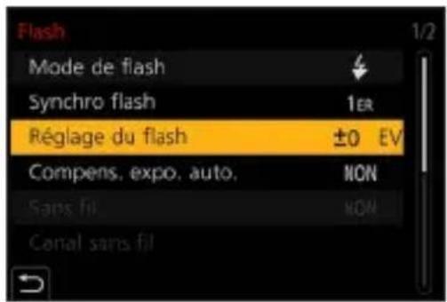 Flash Mode de flash Synchro flash 1ER Réglage du flash ±0 EV Compens. expo. auto. NON Sans fil. NON Canal sans fil