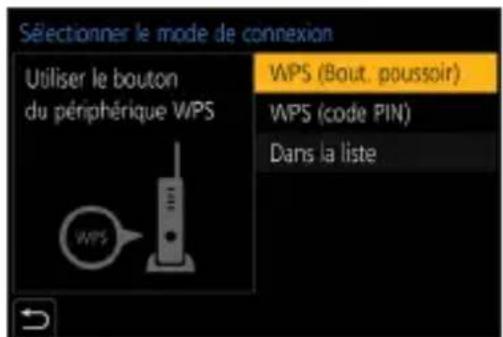 Sélectionner le mode de connexion Utiliser le bouton du périphérique WPS WPS (Bout. poussoir) WPS (code PIN) Dans la liste