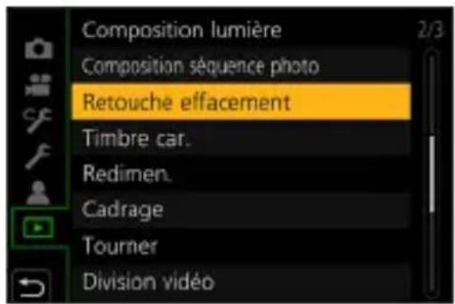 Composition lumière Composition séquence photo Retouche eiffacement Timbre car. Redimen. Cadrage Tourner Division vidéo