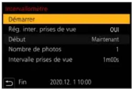 Intervallomètre Démarrer Rég. inter. prises de vue OUI Début Maintenant Nombre de photos 1 Intervalle prises de vue 1m00s Fin 2020.12.1 10:00