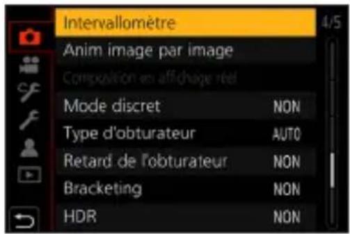Intervallomètre Anim image par image Compression ex affichage rel Mode discret NON Type d'obturateur AUTO Retard de l'obturateur NON Bracketing NON HDR NON