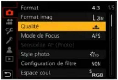 Format 4:3 1/5 Format imag L ZM Qualité Mode de Focus AFS Senspélité AF (Photo) Style photo SFD Configuration de filtre NON Espace coul. S RGB
