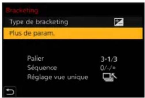 Bracketing Type de bracketing Plus de param. Palier 3·1/3 Séquence 0/-/+ Réglage vue unique