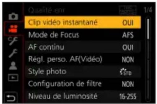Qualité enr Clip vidéo instantané OUI Mode de Focus AFS AF continu OUI Régl. perso. AF(Vidéo) NON Style photo STD Configuration de filtre NON Niveau de luminosité 16-255