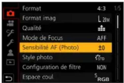 Format 4:3 1/5 Format imag L 20M Qualité Mode de Focus AFF Sensibilité AF (Photo) ±0 Style photo STD Configuration de filtre NON Espace coul. S RGB