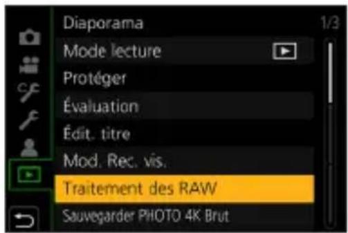 Diaporama 1/3 Mode lecture Protéger Évaluation Édit. titre Mod. Rec. vis. Traitement des RAW Sauvegarder PHOTO 4K Brut