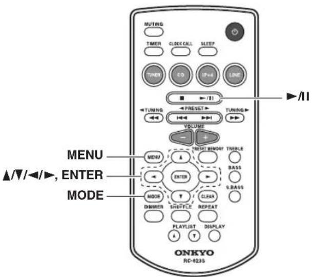 MUTING TIMER CLOCK CALL SLEEP SPER CD IP+4 LINE ▶/11 TUNING PRESET TUNING VOLUME ▶/II MENU ▲/▼/◄/►, ENTER MODE ONKYO RC-8235