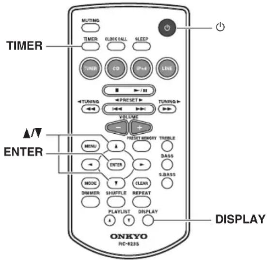 TIMER ▲/▼ ENTER ONKYO RC-823S MUTING TIMER CLOCK CALL SLEEP TUNER CD IP+6 LINE TUNING PRESET VOLUME TURING PRESET MEMORY THREBLE MENU ENTER MODE DIMMER SHUFFLE REPEAT PLAYLIST DISPLAY S.BASS BASS S. BASS DISPLAY