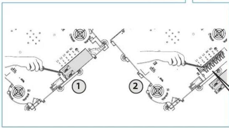 Technical diagram showing two-step assembly or maintenance procedure with labeled components and tool paths