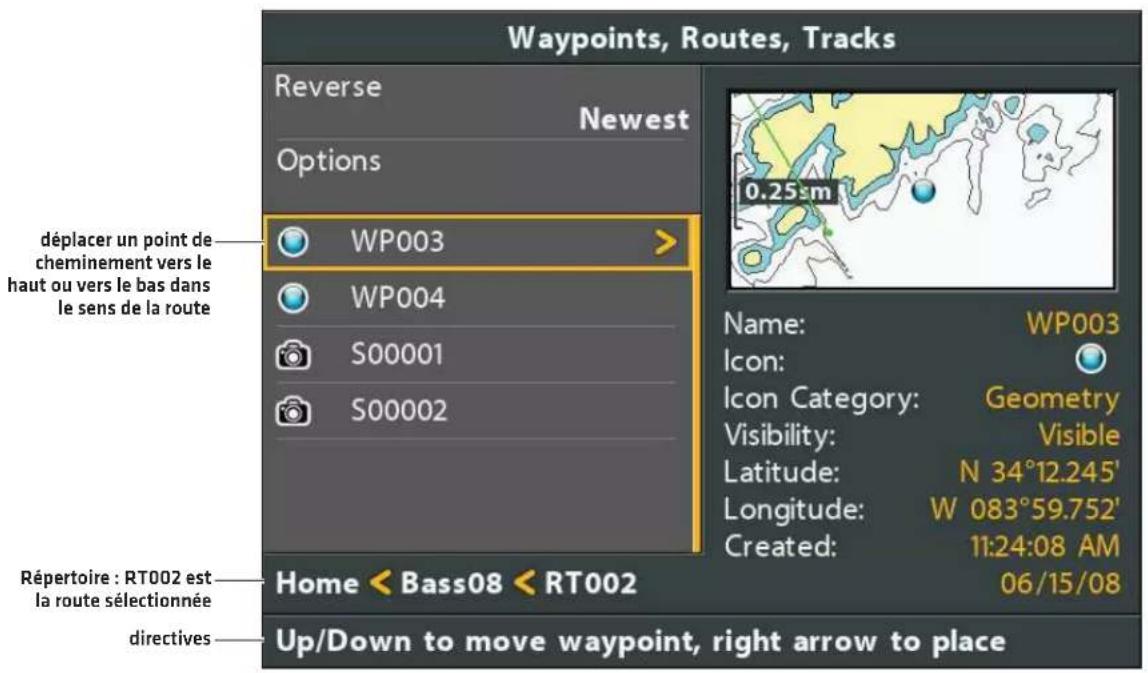 Waypoints, Routes, Tracks Reverse Newest Options déplacer un point de cheminement vers le haut ou vers le bas dans le sens de la route WP003 WP004 S00001 S00002 Name: Icon: Geometry Visibility: Visible Latitude: N 34°12.245' Longitude: W 083°59.752' Created: 11:24:08 AM 06/15/08 Répertoire : RT002 est la route sélectionnée directives Home < Bass08 < RT002 Up/Down to move waypoint, right arrow to place