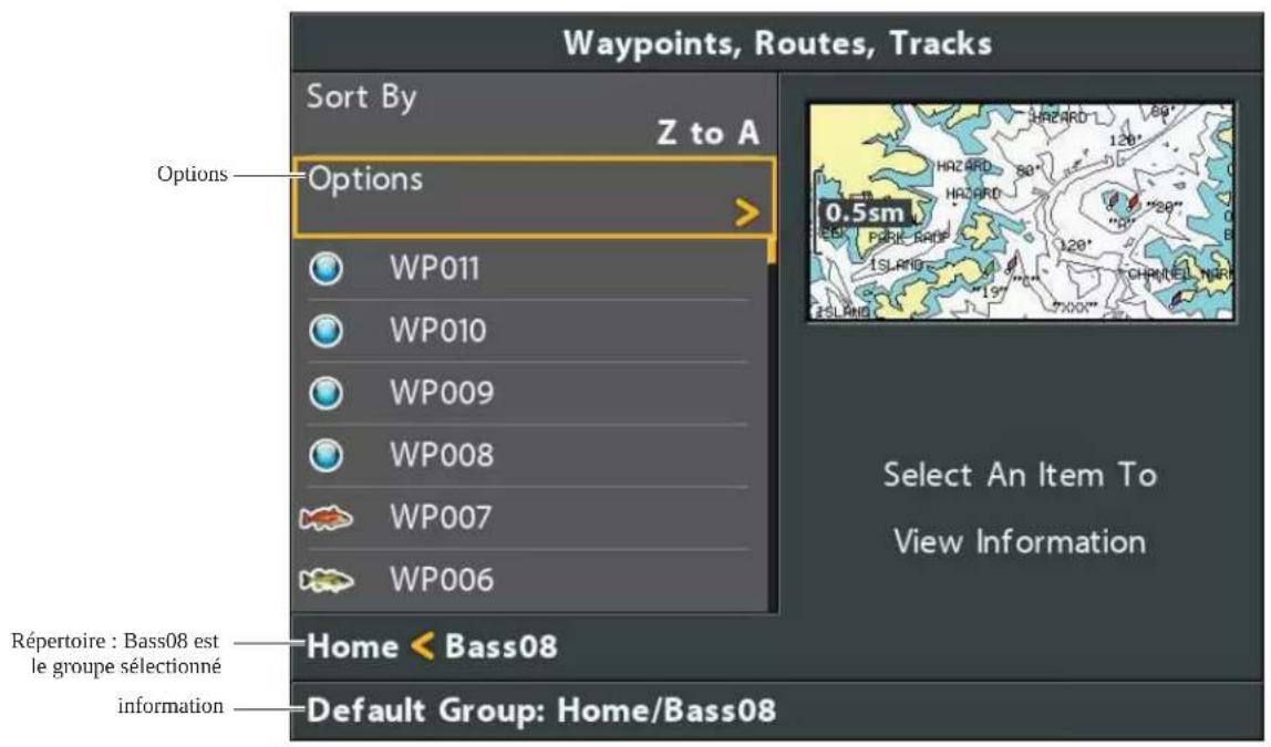 Waypoints, Routes, Tracks Sort By Z to A Options Options WP011 WP010 WP009 WP008 WP007 WP006 Récertoire : Bass08 est le groupe sélectionné information Home < Bass08 Default Group: Home/Bass08 Select An Item To View Information