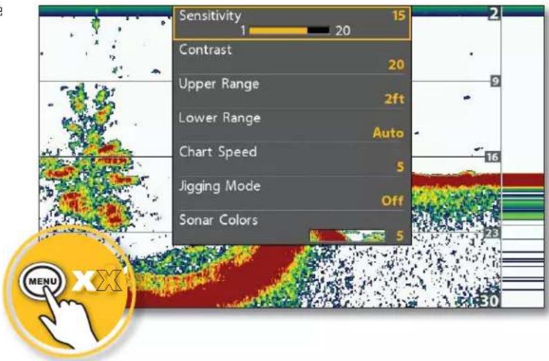 Sensitivity 15 1 20 Contrast 20 Upper Range 2ft Lower Range Auto Chart Speed 5 Jigging Mode Off Sonar Colors 5 MENU XX