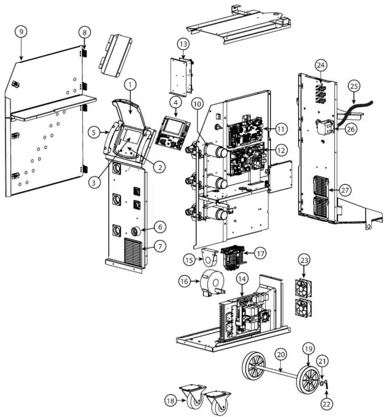 Exploded view diagram of an electronic device with numbered components for identification and assembly reference.
