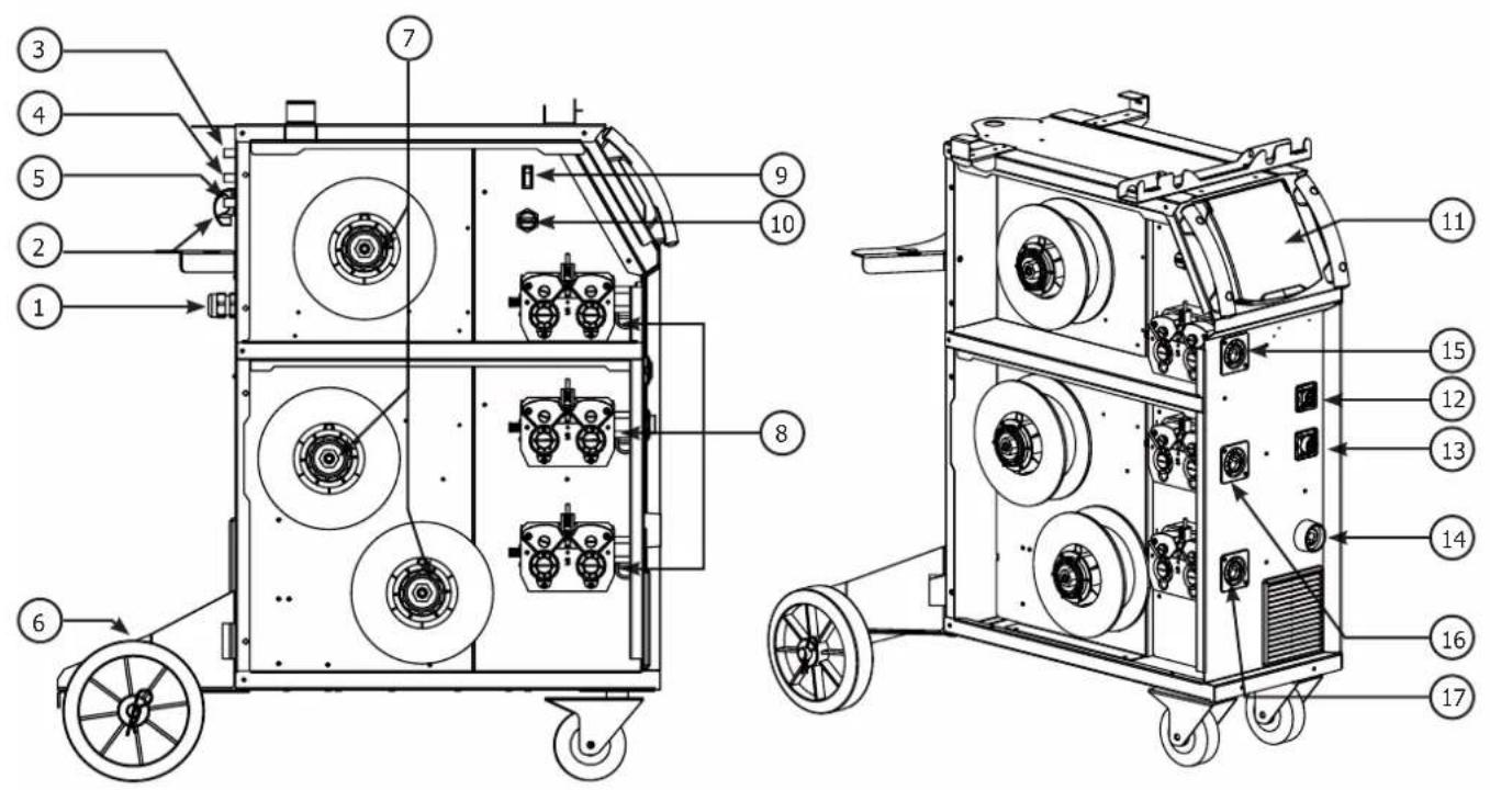 Technical diagram of a mechanical device with numbered components, showing front and side views with labeled parts.