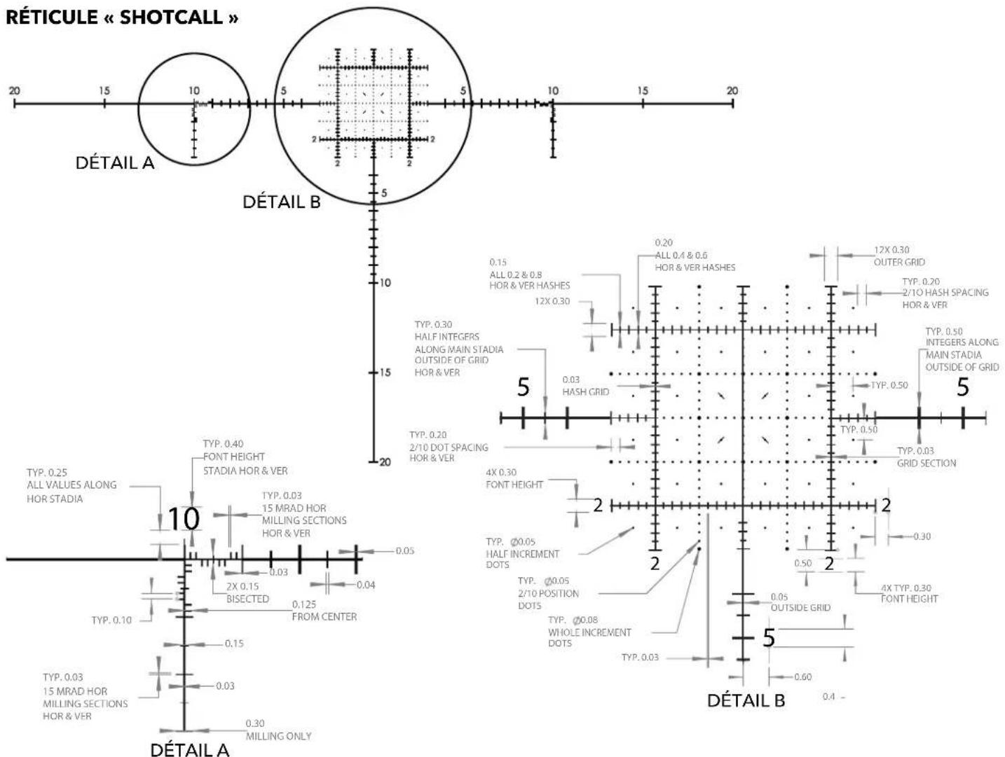 RÉTICULE « SHOTCALL » 20 15 10 5 10 15 20 DÉTAIL A DÉTAIL B 0.15 ALL 0.2 & 0.8 HOR & VER HASHES 12X 0.30 0.20 ALL 0.4 & 0.6 HOR & VER HASHES 12X 0.30 OUTER GRID TYP. 0.20 2/10 HASH SPACING HOR & VER TYP. 0.30 HALF INTEGRERS ALONG MAIN STADIA OUTSIDE OF GRID HOR & VER 0.03 HASH GRID TYP. 0.50 INTEGRERS ALONG MAIN STADIA OUTSIDE OF GRID 5 5 TYP. 0.50 TYP. 0.50 TYP. 0.03 GRID SECTION 4X 0.30 FONT HEIGHT 2 2 2 4X TYP. 0.30 FONT HEIGHT TYP. Ø0.05 HALF INCREMENT DOTS TYP. Ø0.05 2/10 POSITION DOTS TYP. Ø0.08 WHOLE INCREMENT DOTS TYP. 0.03 DÉTAIL B 0.30 MILLING ONLY 10 TYP. 0.25 ALL VALUES ALONG HOR STADIA TYP. 0.40 FONT HEIGHT STADIA HOR & VER TYP. 0.03 15 MRAD HOR MILLING SECTIONS HOR & VER 2X 0.15 BISECTED 0.125 FROM CENTER TYP. 0.10 TYP. 0.03 15 MRAD HOR MILLING SECTIONS HOR & VER 0.03 DÉTAIL A