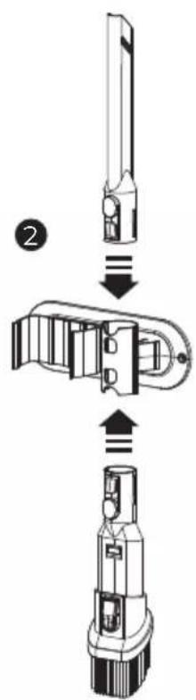 Diagram showing three-step assembly of a mechanical device with labeled parts and directional arrows indicating motion.